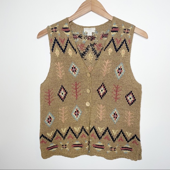 Portraits by NORTHERN ISLES Vintage Navajo Aztec Knit Button Sweater Vest M - Picture 8 of 10